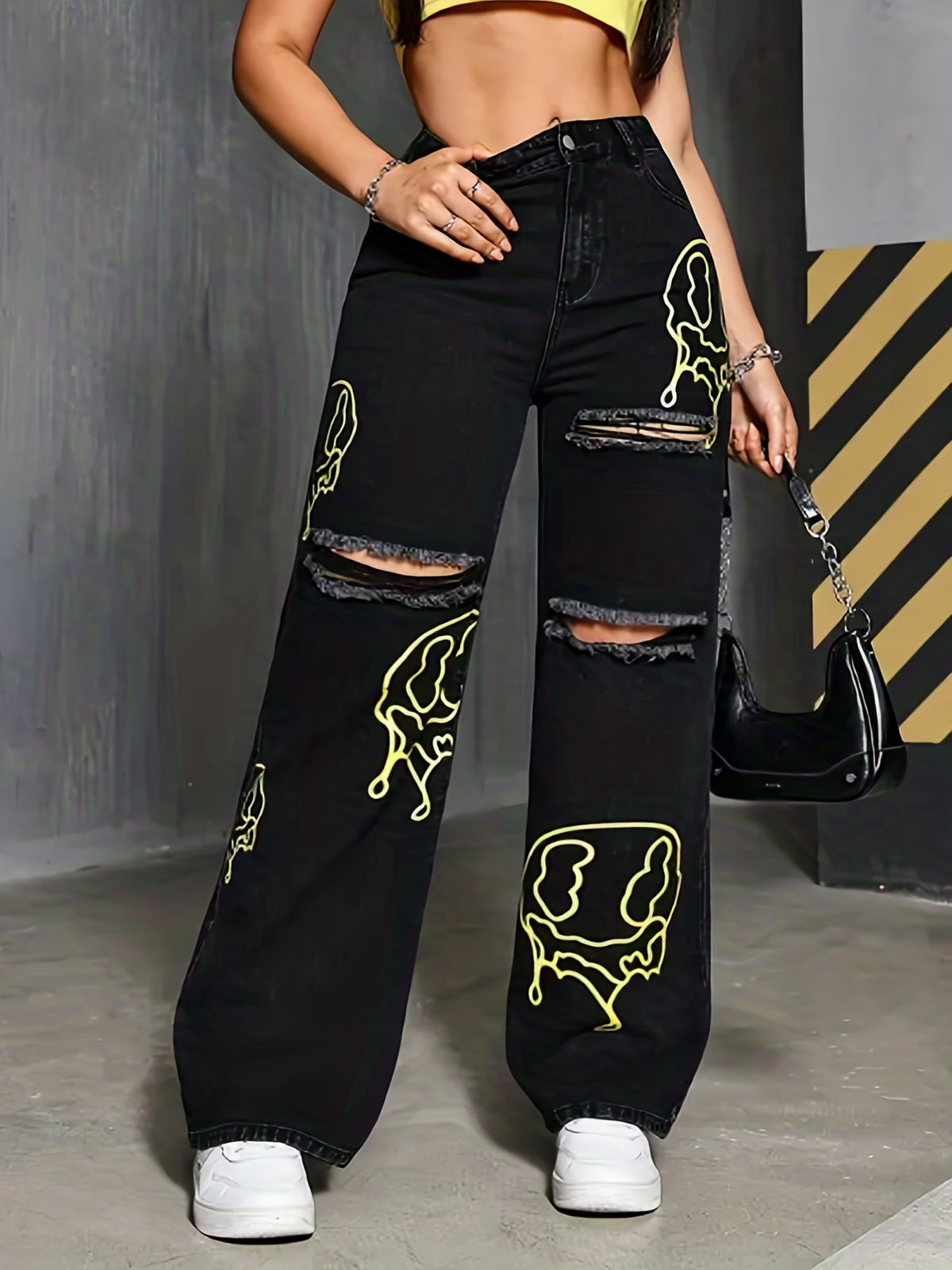 Women’s Embroidered Ripped Wide-Leg Jeans