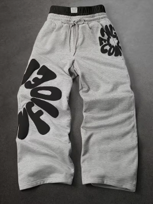 Grey Graphic Wide-Leg Sweatpants
