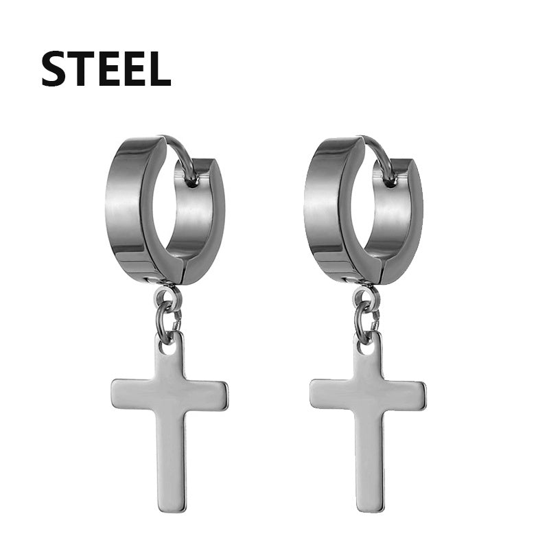 Silver-Tone Cross Star Dangle Earrings — Pair