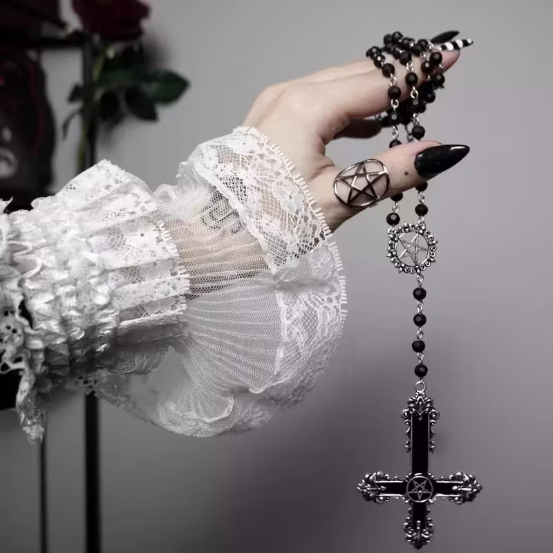 Black Bead Long Cross Necklace