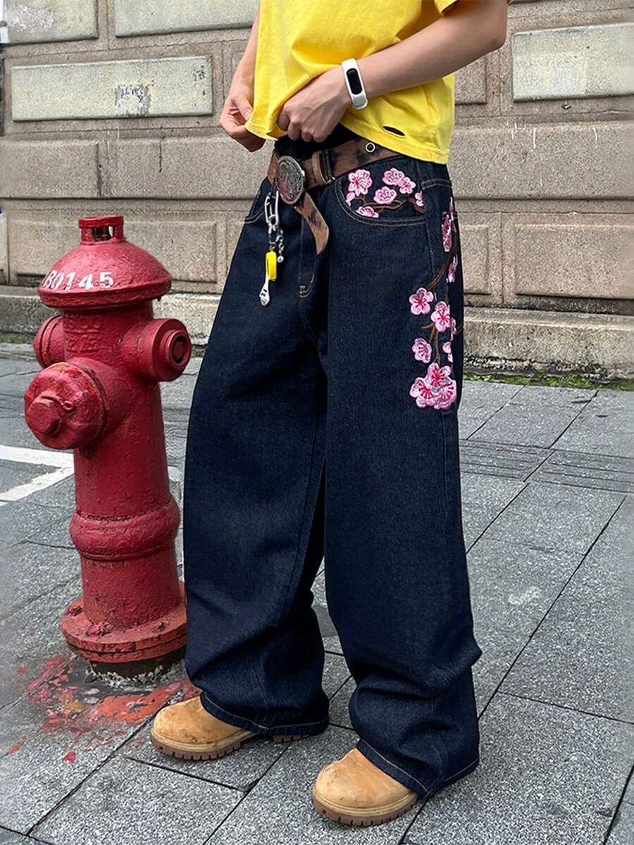 Men’s Plaid Floral-Embroidered Wide-Leg Jeans