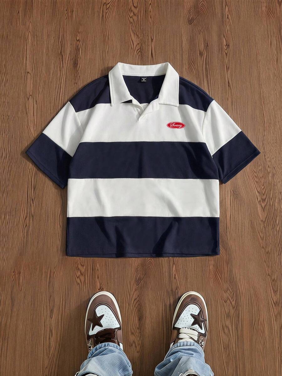 Men’s Navy and White Striped Polo