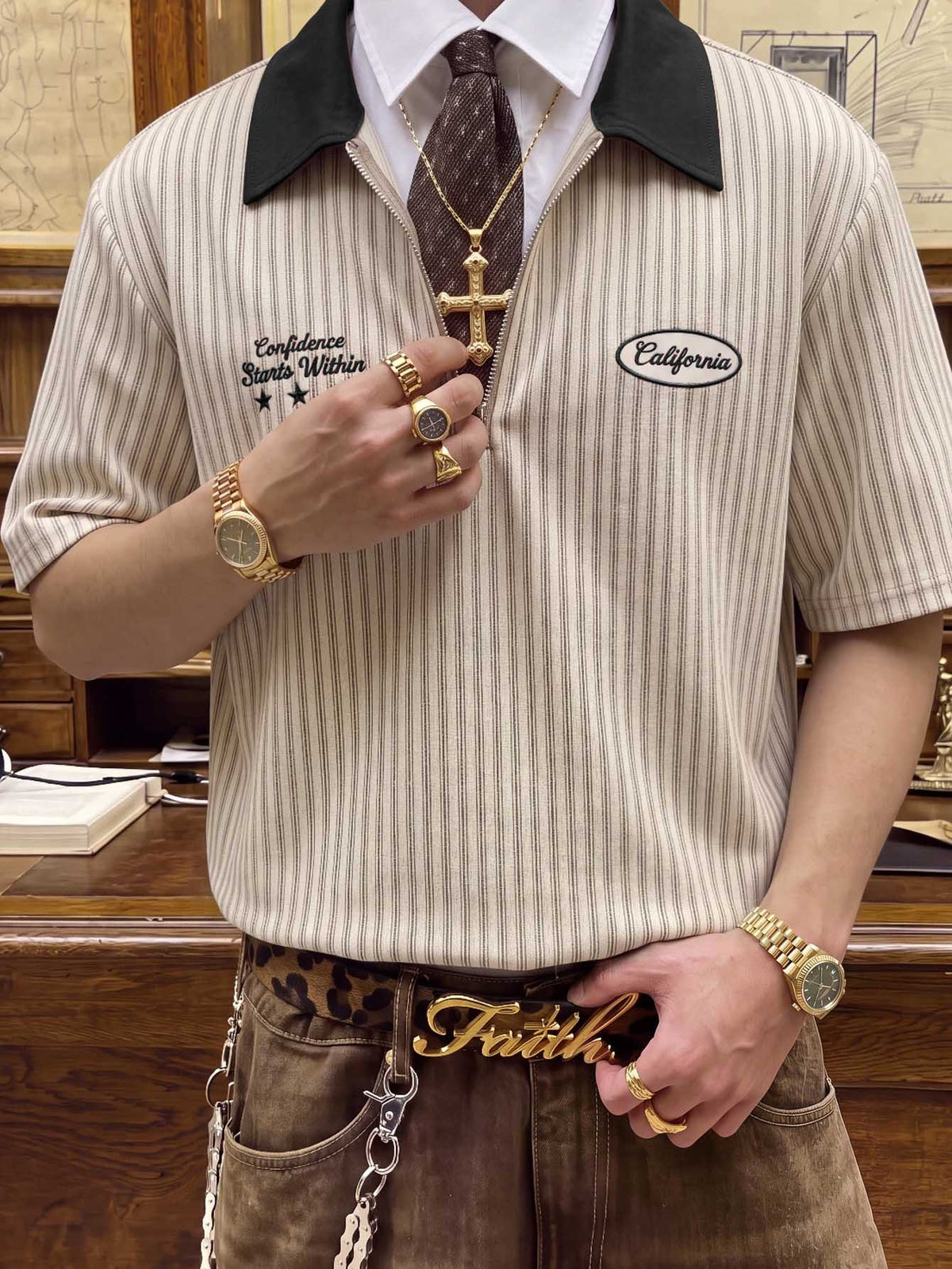 Men’s Striped Letter-Print Polo