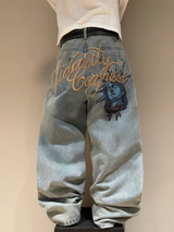 Gold Lettering Wide-Leg Jeans