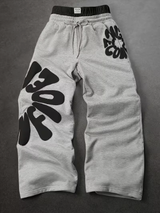 Grey Graphic Wide-Leg Sweatpants