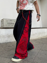 Red & Black Frayed Wide-Leg Jeans
