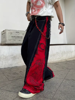 Red & Black Frayed Wide-Leg Jeans