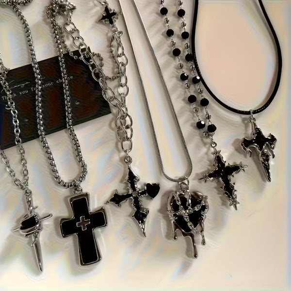 Gothic Heart Cross Necklace Set — 6 Pieces