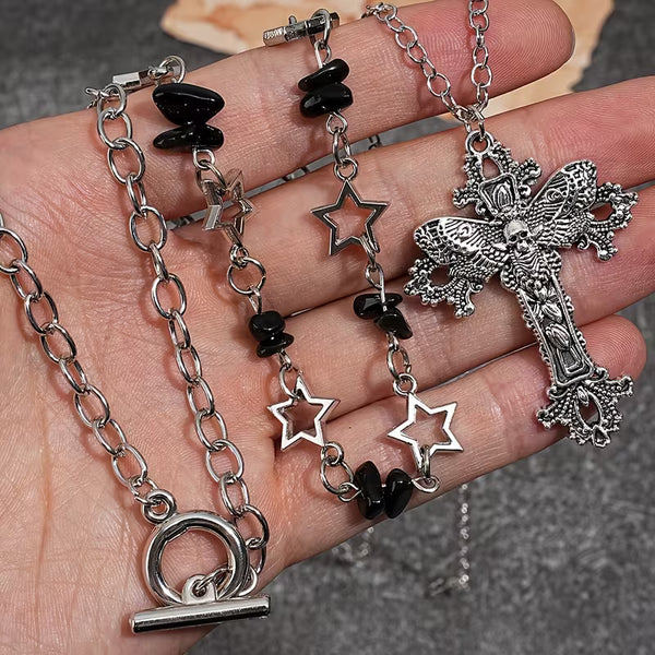 Skull Wing Cross Necklace Set — 3 Pieces