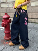 Men’s Plaid Floral-Embroidered Wide-Leg Jeans