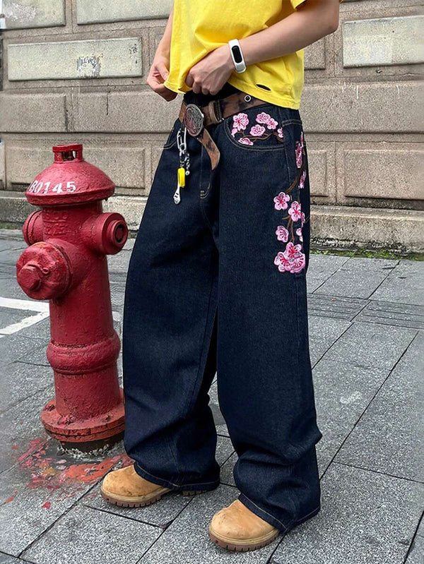 Men’s Plaid Floral-Embroidered Wide-Leg Jeans