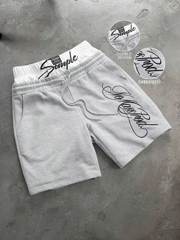 Men’s Grey Letter-Print Double-Waistband Shorts