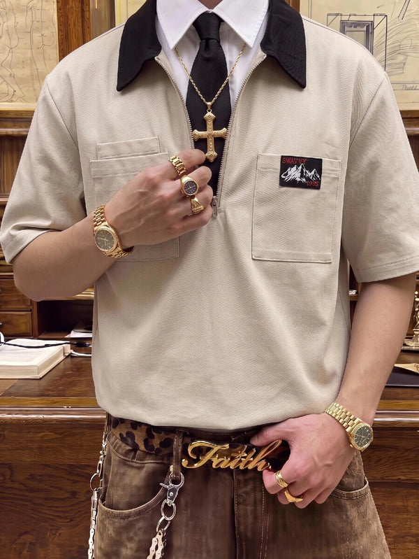 Men’s Khaki Contrast Zip Polo