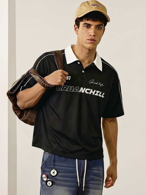 Men’s Black Embroidered Colorblock Polo
